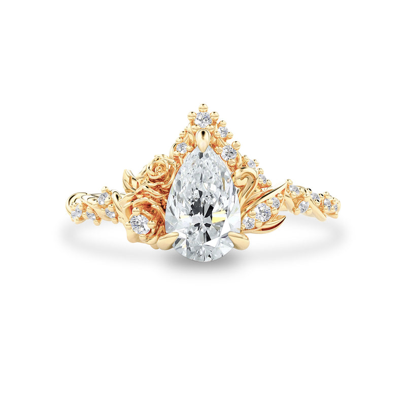 Blossom Rose & Dancing Swan Engagement Ring, Pear Cut Teal Sapphire