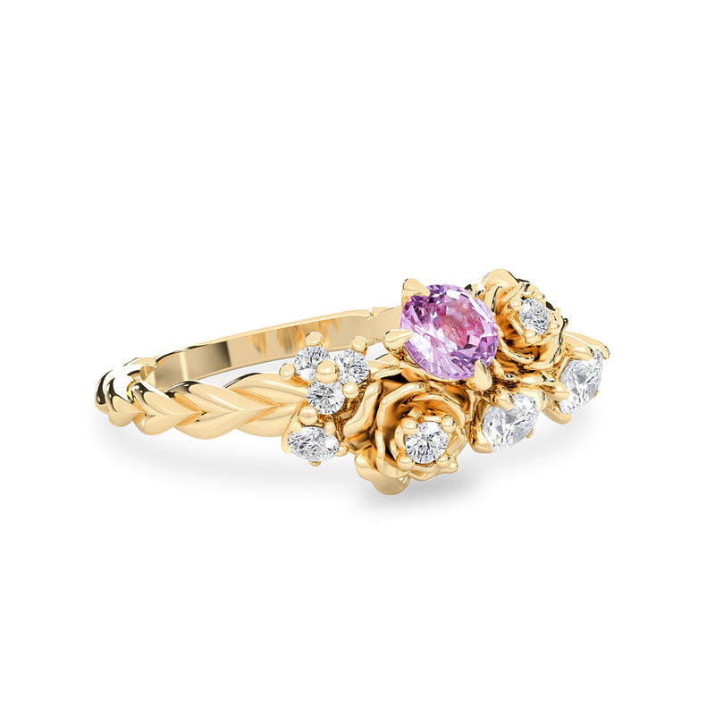 Small Rose Blossom Engagement Ring, Pink Sapphire & Natural Diamond