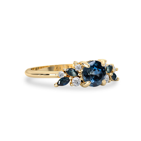 Bellisa Sapphire Cluster Engagement Ring, Natural Dark Blue Sapphire