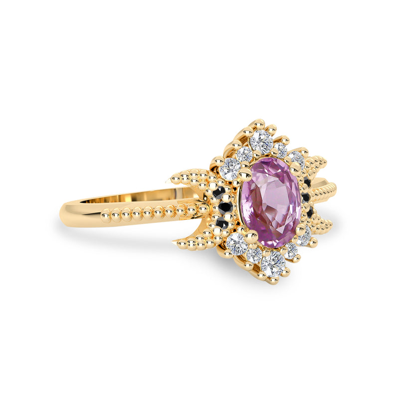 pink sapphire milgrain moon halo engagement ring