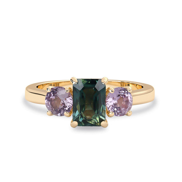parti sapphire with pink sapphire three stone engagement ring