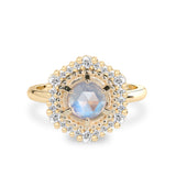 Mystical Rose Cut Moonstone Hexagon Halo Engagement Ring, Natural Diamonds