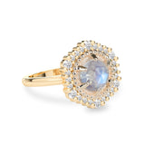 Mystical Rose Cut Moonstone Hexagon Halo Engagement Ring, Natural Diamonds