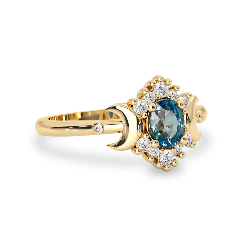 Small Love & Hope Oval Halo Moon Ring, Sapphire & Diamond