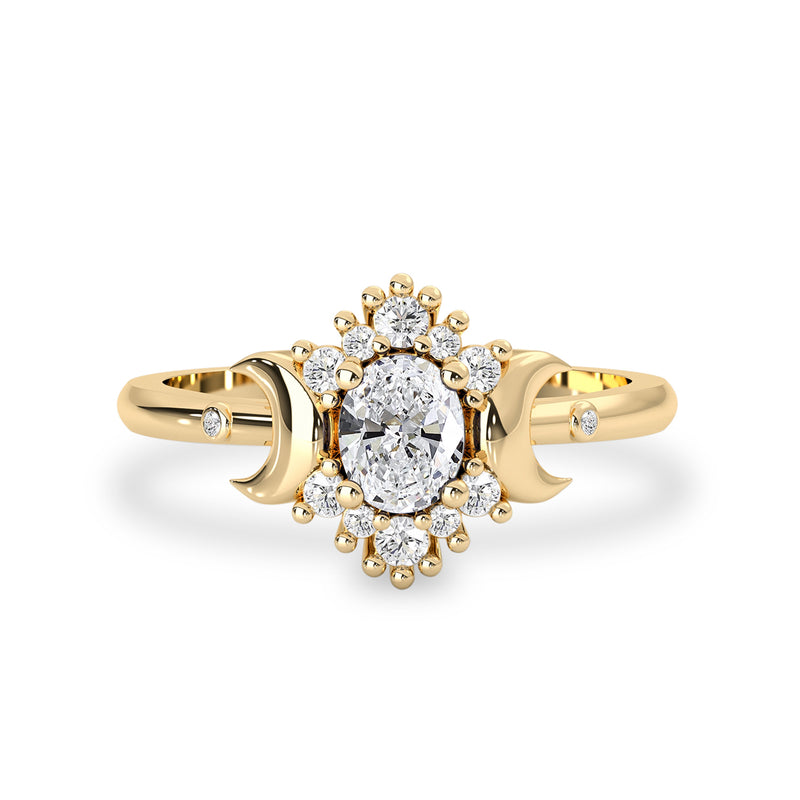 Small Love & Hope Oval Halo Moon Ring, Sapphire & Diamond