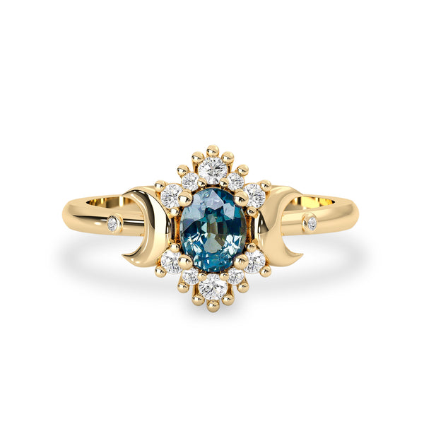 teal sapphire halo moon ring
