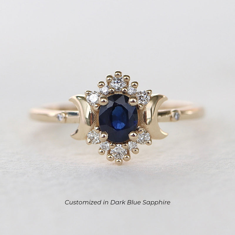 Small Love Moon Oval Teal Sapphire Halo Engagement Ring