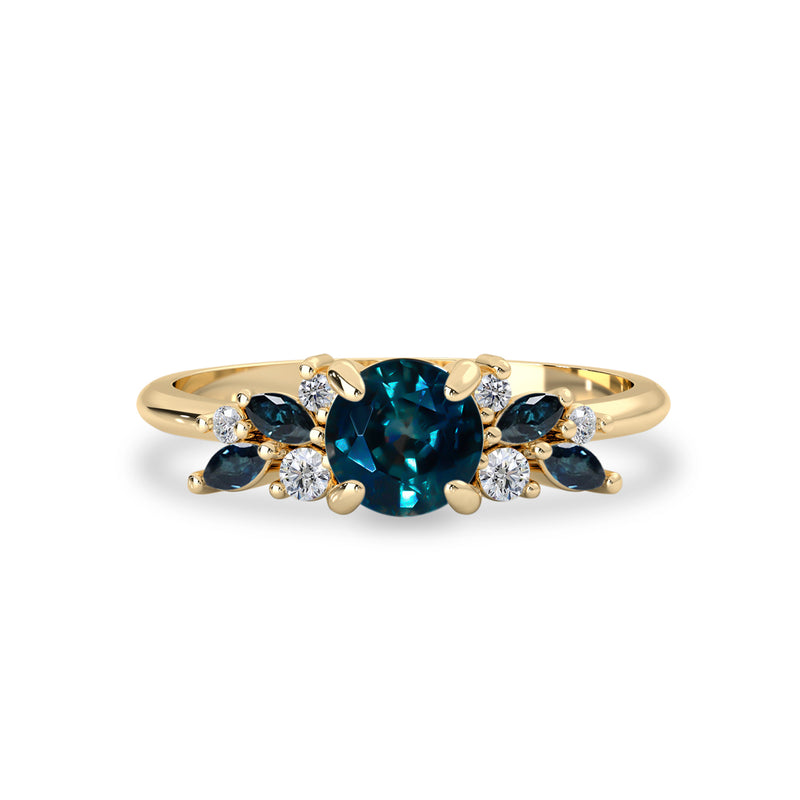 Sapphire Cluster Engagement Ring, Natural Dark Blue Sapphire