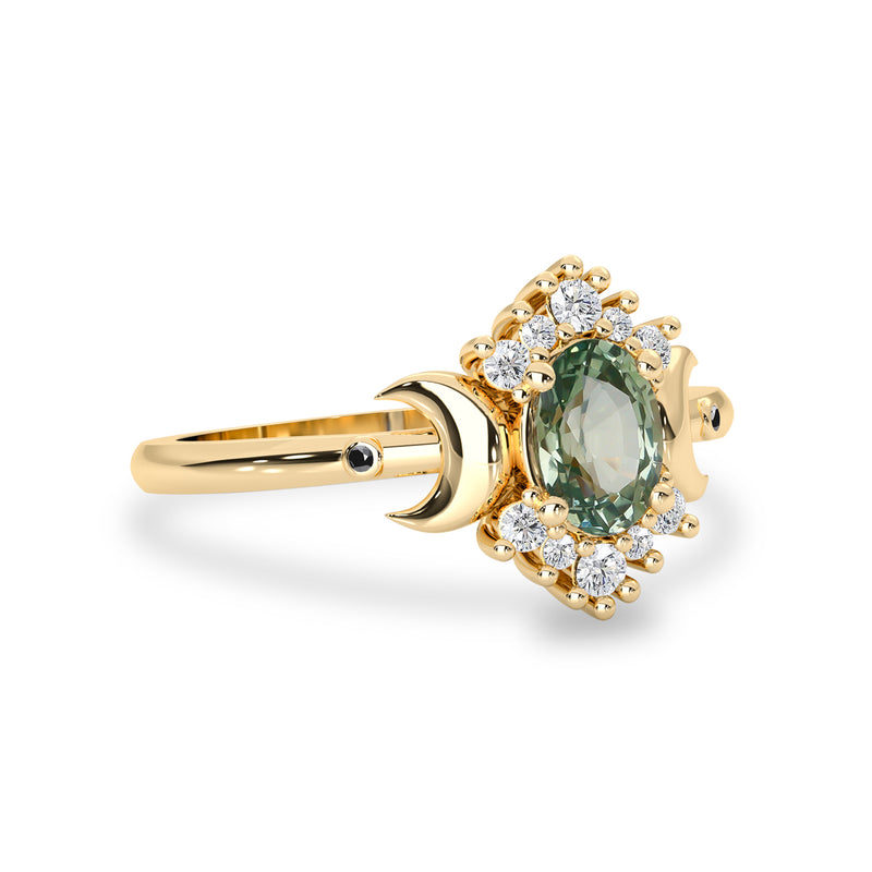 nature inspired green sapphire moon halo engagement ring