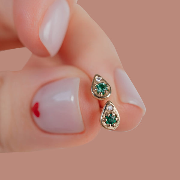 Tear of Joy Stud Earrings, Natural Emerald & Diamond