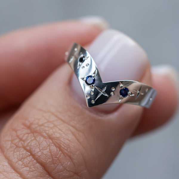 Hand Engrave Night Treasure Chevron Band Ring, Sapphire & Diamond