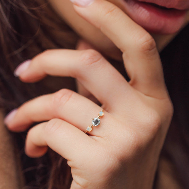 Dreamy Spirit Ring, Salt Pepper Diamond & Opals