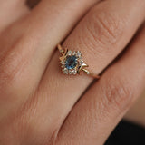 Small Love Moon Oval Teal Sapphire Halo Engagement Ring