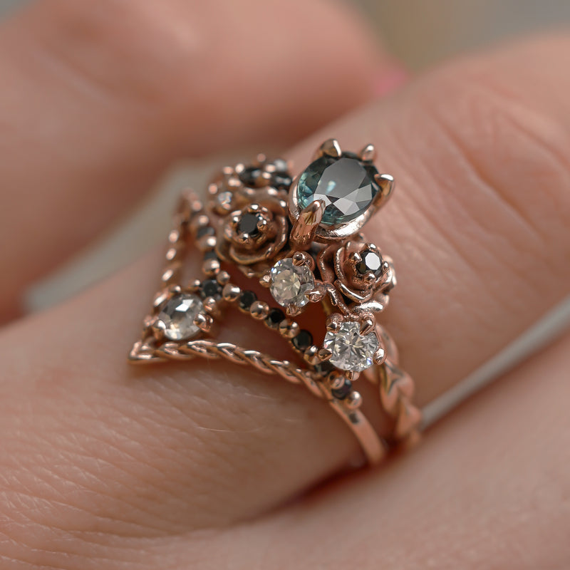 Small Rose Blossom Engagement Ring, Oval Sapphire & Natural Diamond